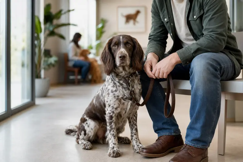 Ein Altdänischer Hühnerhund sitzt entspannt neben seinem Besitzer in einem hellen Wartezimmer einer modernen Tierarztpraxis.